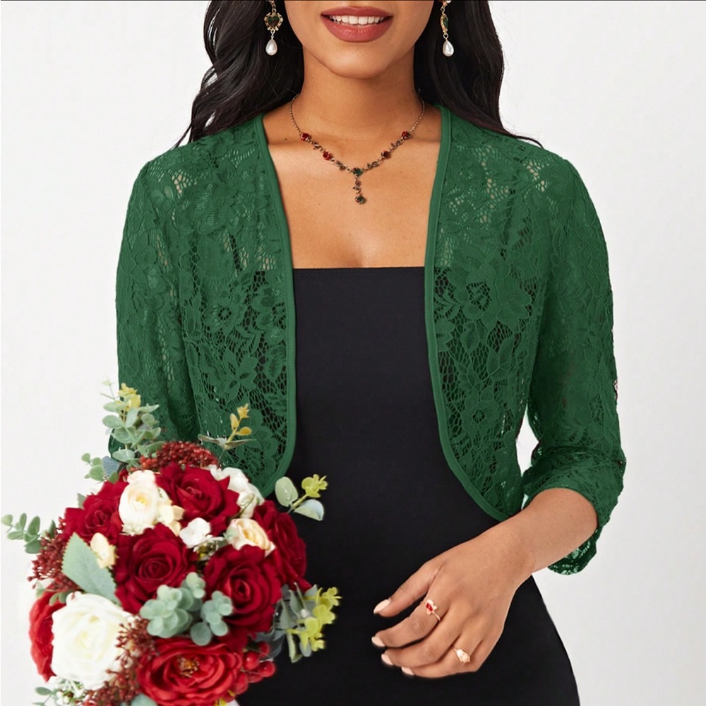 Green lace cover up Lace Short Fashionable Jacket With Open Front cover up